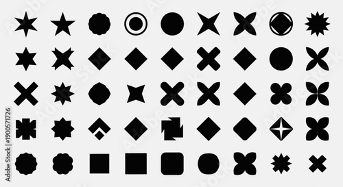A collection of diverse geometric and abstract shapes in black on a white background.