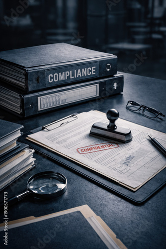 Compliance binders stamped documents and office tools on a dark desk representing corporate governance regulation audit legal review risk management and administrative control processes