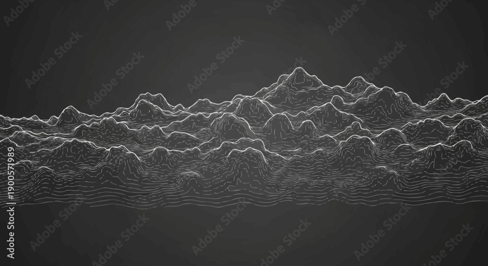 Εκτύπωση καμβά A detailed wireframe rendering of a rugged, mountainous landscape with a dark, gradient background