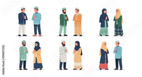 Muslim men and women praying in traditional clothing