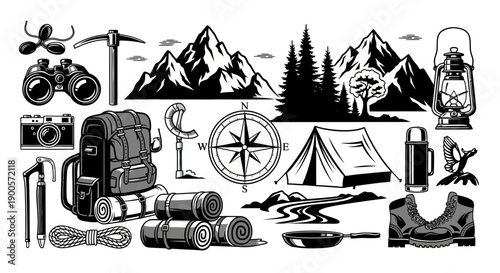 Vintage black and white illustration set of outdoor adventure, camping, and hiking equipment with mountains and forest elements.