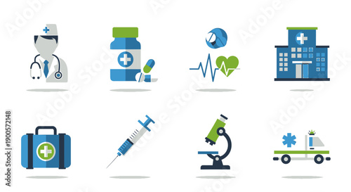 Comprehensive collection of healthcare and medical flat design icons for various health-related applications and services, illustrating a range of essential medical elements and tools