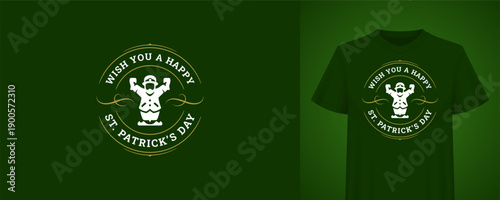 Saint Patricks Day greeting template with strong leprechaun. Vintage t-shirt print. Irish holiday retro badge vector illustration for festive celebration, pub party, fun event