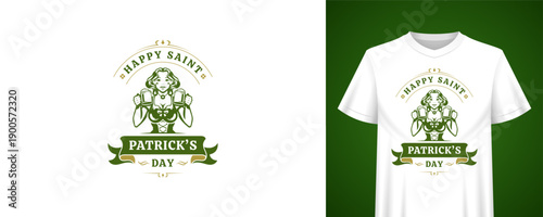 Saint Patricks Day greeting template with woman holding beer mugs. Vintage t-shirt print. Irish holiday retro badge vector illustration for festive celebration, pub bar, alcohol party