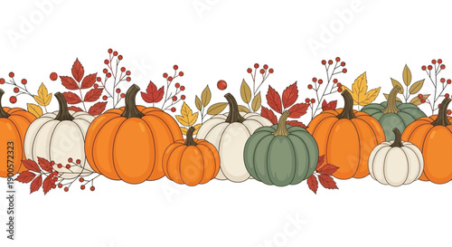 A festive horizontal border illustration featuring a variety of pumpkins in different colors and sizes, adorned with autumn leaves and berries.
