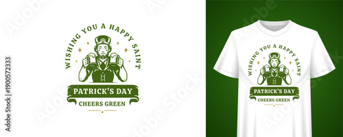 Greeting design for Saint Patricks Day with leprechaun holding beer mugs. T-shirt print template. Irish holiday vintage badge vector illustration for festive celebration, fun pub event