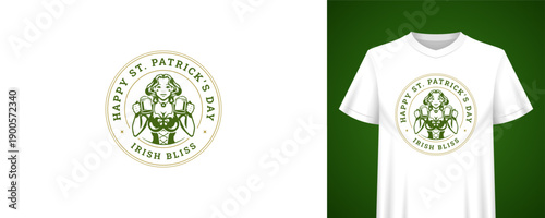 Greeting design for Saint Patricks Day with beautiful woman holding beer mugs. T-shirt print template. Irish holiday vintage badge vector illustration for festive celebration and fun pub party