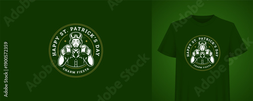Saint Patricks Day greeting design with leprechaun holding beer. T-shirt print template. Irish holiday vintage badge vector illustration for festive celebration and fun pub party