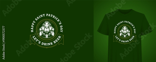 Saint Patricks Day greeting with beautiful girl holding beer mugs. T-shirt print template. Irish holiday vintage badge vector illustration for festive celebration and pub party