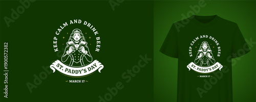 Saint Patricks Day quote with girl leprechaun character. T-shirt print template. Irish holiday vintage badge vector illustration for festive celebration and pub party