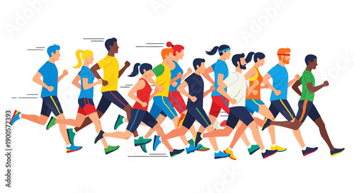 Diverse group of athletes running in a race, showcasing fitness, health, and competitive spirit in a dynamic illustration