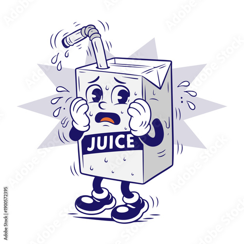 Scared Juice Box Character with Sweat Droplets and Starburst Background