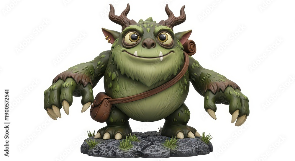 Fototapeta premium Portly green mythical creature figure stands upon rocky terrain against a white background