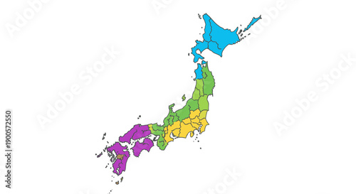 Vibrant regional divisions of Japan showcased in a colorful, detailed vector map illustration, perfect for geographical studies, travel planning, or business analysis across various prefectures