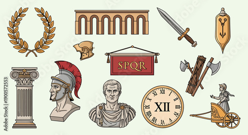 Detailed vector illustration set showcasing iconic symbols and historical artifacts from the Ancient Roman Empire, including busts, architecture, military gear, and cultural emblems