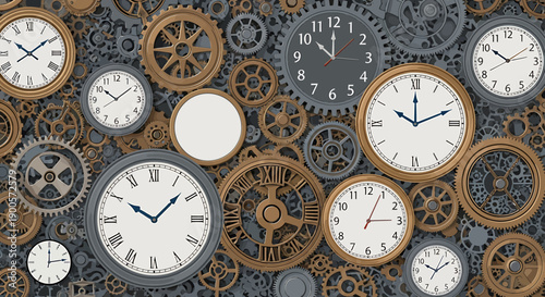 A montage of various antique and modern clocks, gears and cogs, symbolizing time, history, and mechanics