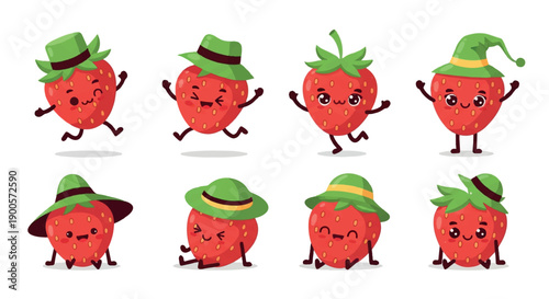 Strawberry characters in hats with various poses