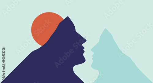 A silhouette of a man and woman facing each other in profile with a mountainous landscape.