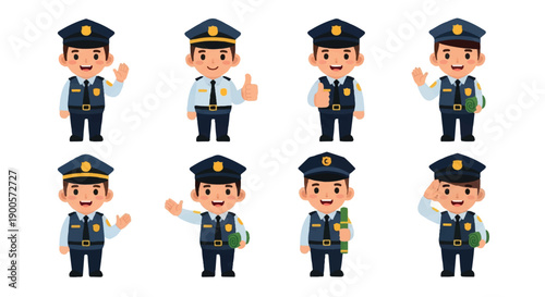 Police officer characters in various poses with transparent background