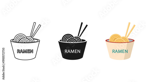 Three bowls of ramen with different colored designs Vector