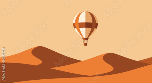 Serene desert landscape with a hot air balloon in the sky.