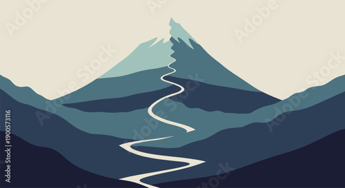 A serene mountain landscape with a winding path to the peak.