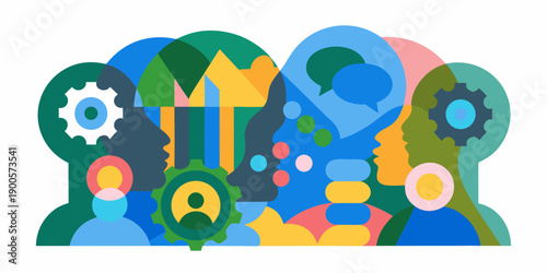 Abstract illustration of heads filled with colorful icons and symbols