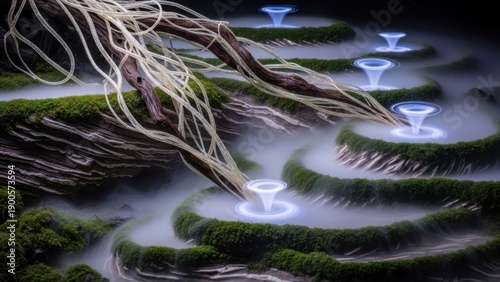 Futuristic landscape with glowing water features and organic growth patterns