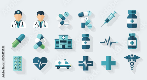 Medical health care icons, doctor, hospital, ambulance, syringe, pills, stethoscope, caduceus, heartbeat, cross