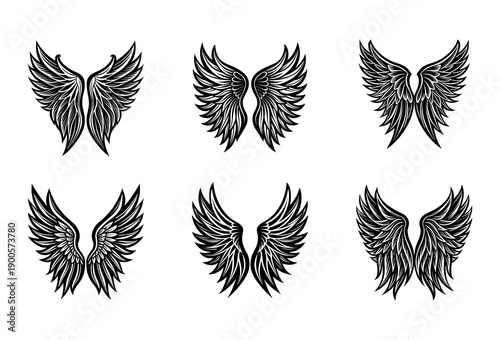 Collection of Six Stylized Black and White Angel Wing Featuring Intricate Feather Details and Varied Shapes Arranged in Two Rows on a White Background for