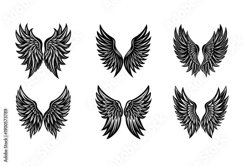 Collection of Six Stylized Black and White Angel Wing Featuring Intricate Feather Details and Varied Shapes Arranged in Two Rows on a White Background for