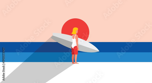 A surfer stands on the beach with a surfboard during a vibrant sunset.