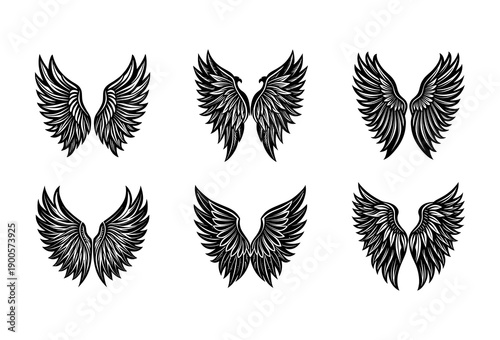 Six distinct black and white of feathered angel wings arranged in two rows of three, each pair showcasing unique feather patterns and wing shapes, presented on a clean white background, emblem or