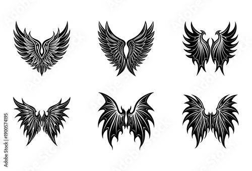 Collection of six distinct black and white stylized wing arranged in two rows of three, featuring feathered avian styles and sharp demonic or dragon-like silhouettes with intricate detailing and