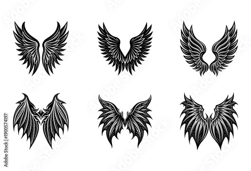 A compilation of six unique black and white of stylized wings, featuring a variety of shapes from feathered angelic to sharp demonic and dragon-like forms, each with intricate line work and bold
