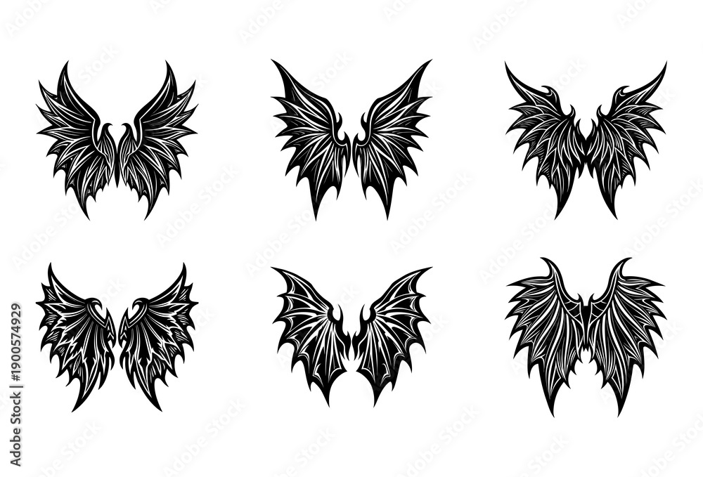 Fototapeta premium Six Different Black Wing Displaying Varied Feather Formations and Spiky Outlines Presented in a Two-Row Grid on a White Background for Projects