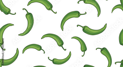 Vibrant seamless pattern of scattered green chili peppers, perfect for culinary themes, spicy food packaging, or lively background designs.