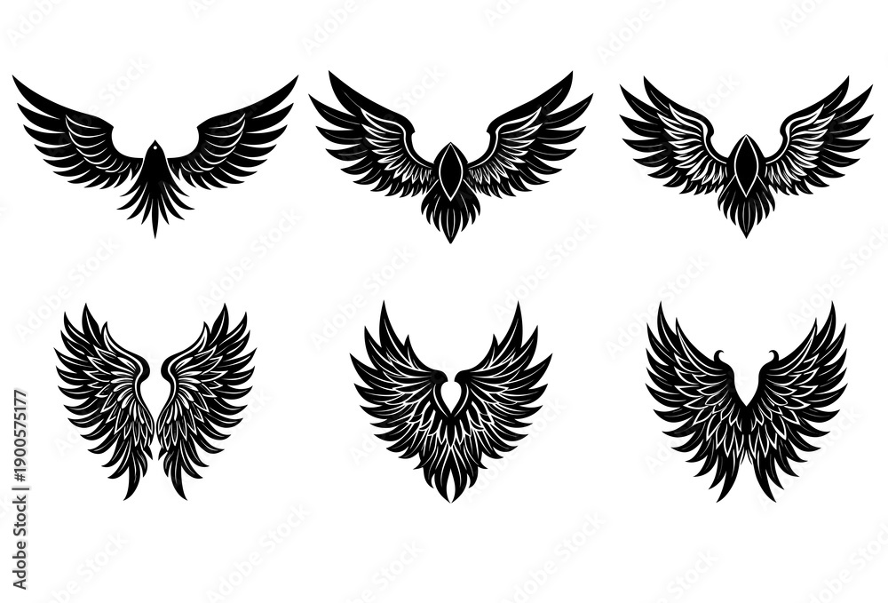 Obraz premium A set of six black stylized bird wings and phoenix emblems arranged in a two-by-three grid on a white background, highlighting detailed feather work and symmetrical for various applications