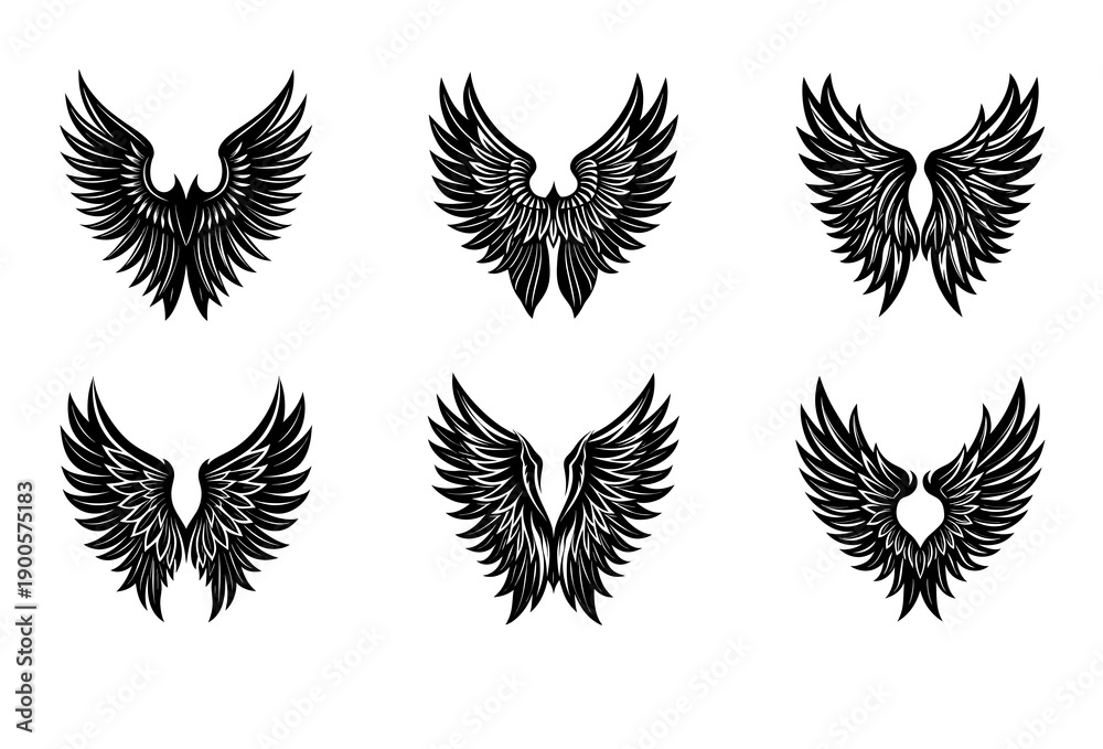 Obraz premium Six black stylized bird wings and phoenix emblems are displayed in a grid on a white background, each featuring intricate feather details and symmetrical artistic forms