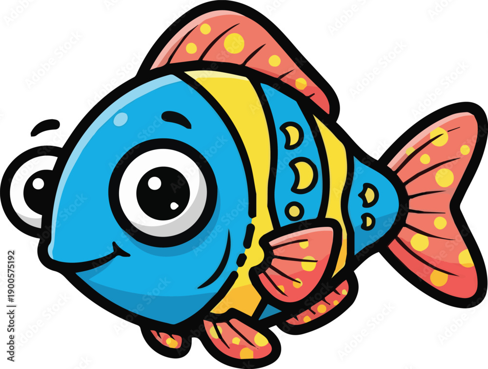 Obraz premium Charming blue and yellow cartoon fish with a cheerful smile, featuring big adorable eyes and playful polka dots, perfect for children's designs or aquatic themes