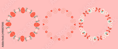 Easter Eggs Circle Frames Set. Coquette Pink Spring Holiday Round Borders collection painted symbols flowers hearts bows. Greeting Card Poster Social media template. Vector illustration