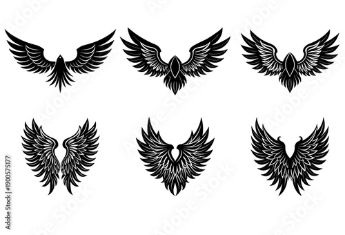 A set of six black stylized bird wings and phoenix emblems arranged in a two-by-three grid on a white background, highlighting detailed feather work and symmetrical for various applications
