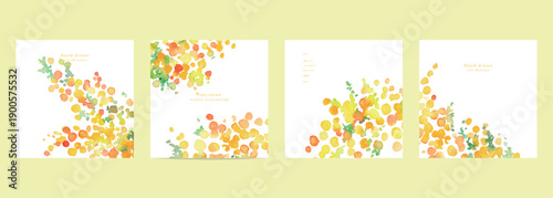 水彩画。水彩タッチのミモザのベクター背景。春のミモザのテンプレートセット。Watercolor painting. Vector background of watercolor mimosa. Spring mimosa template set.