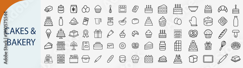 Cakes and bakery icon set, pastry dessert line art illustration