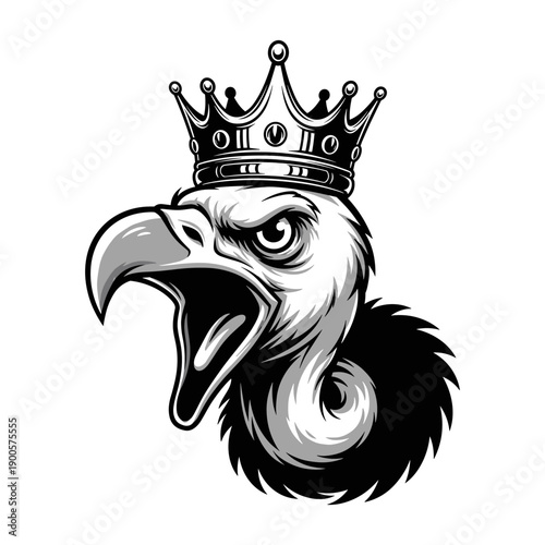 A bold black vector vulture head with open beak mascot wearing crown