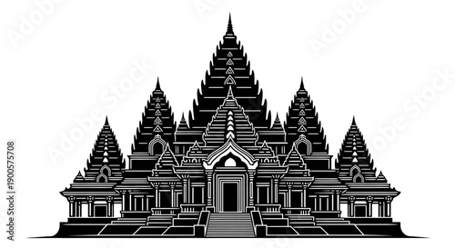 A detailed black and white illustration of a large, ornate temple with multiple tiered roofs and intricate architectural details.