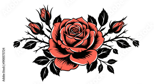 A detailed illustration of a vibrant red rose surrounded by thorny branches and buds.
