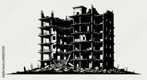 A stark black and white illustration depicts a multi-story building in a state of severe ruin, with collapsed floors and debris scattered at its base.