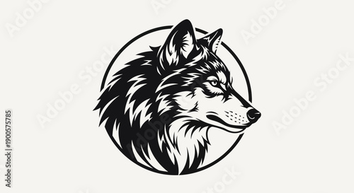 A striking black and white illustration of a wolf's head in profile, enclosed within a circular border.