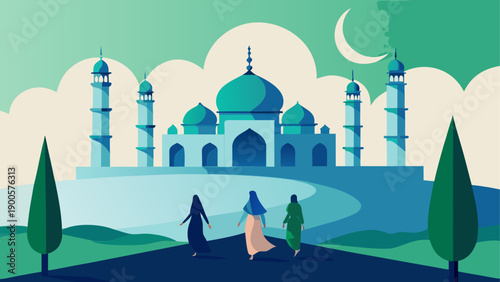 Fantasy night landscape with mosques and crescent moon